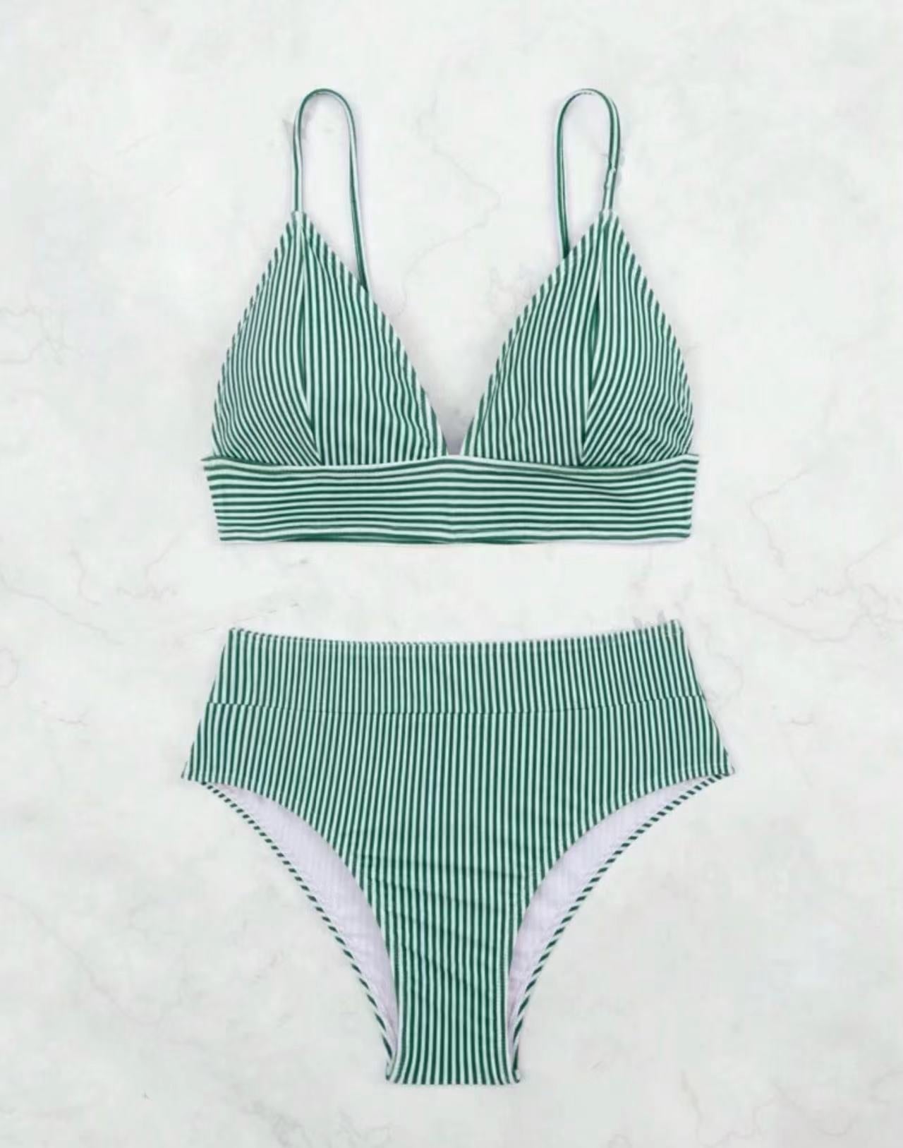 Damen Hochgeschnittener Bikini mit elegantem Streifenmuster R&B