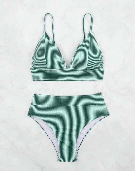 Damen Hochgeschnittener Bikini mit elegantem Streifenmuster R&B