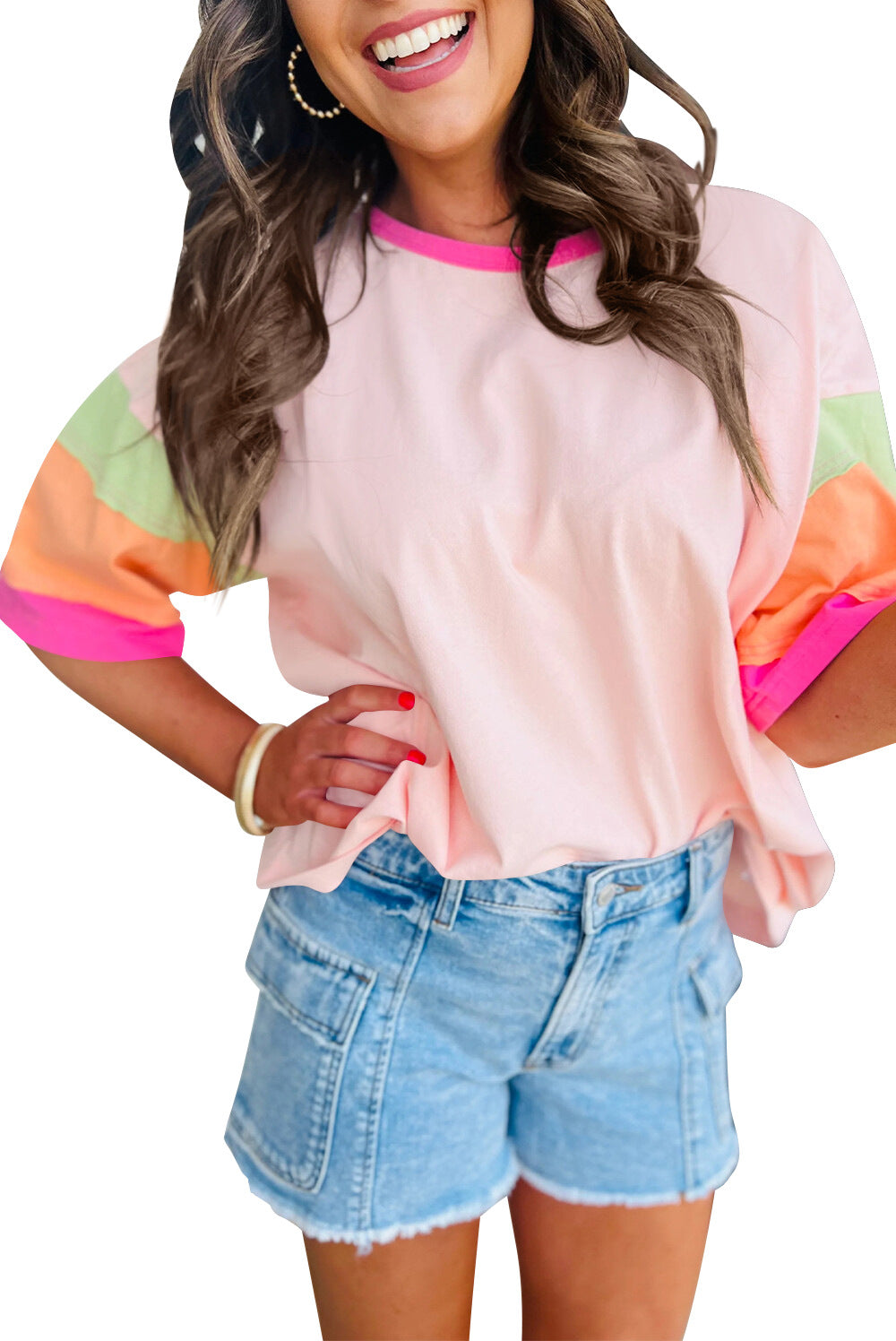 Damen lässiges T-Shirt mit farbenfrohen Ärmeln und weitem Schnitt R&B