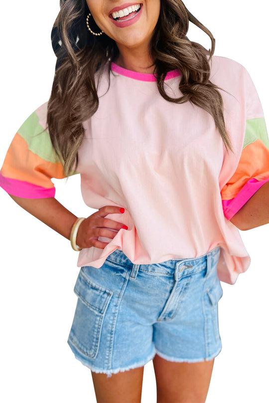 Damen lässiges T-Shirt mit farbenfrohen Ärmeln und weitem Schnitt R&B