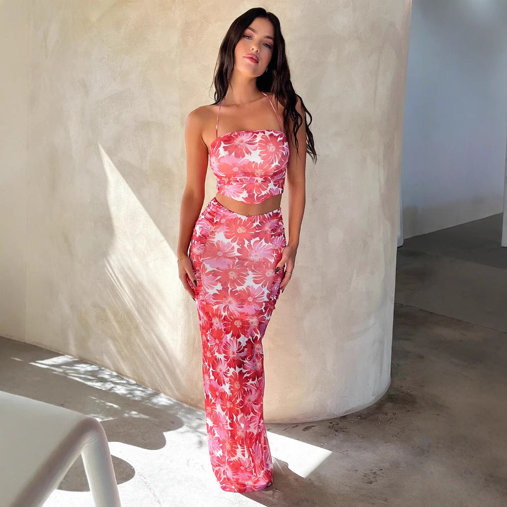 Damen Elegantes Crop-Top und Maxirock-Set mit floralem Design R&B