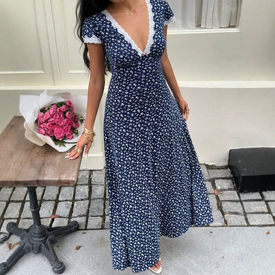Damen Maxikleid mit floralem Muster und elegantem Spitzenbesatz R&B