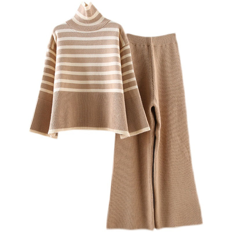 Damen Lässiges Strickensemble mit hohem Kragen und breiten Ärmeln R&B