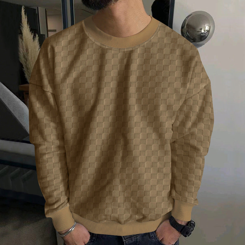 Herren nan geprägter Schachbrett-Sweatpullover mit Oversize-Passform, Rundhalsausschnitt und Rippbündchen R&B