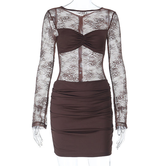 Damen Spitzenkleid mit gerafftem Rock und tiefem V-Ausschnitt R&B