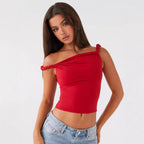 Damen Off-Shoulder Crop-Top mit modischen Raffungselementen R&B