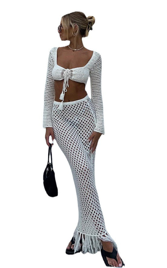 Damen gehäkeltes Strandkleid mit langem Schnitt und verspielten Fransen R&B