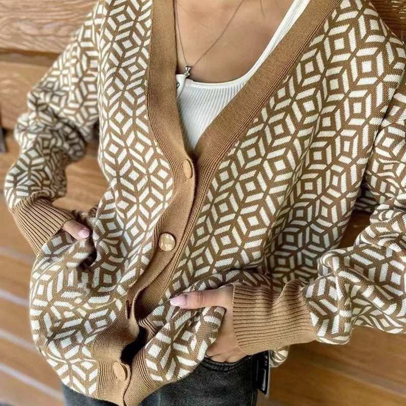 Damen Grober Strickjacke mit V-Ausschnitt und auffälligem Muster R&B