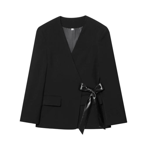 Damen Wickelblazer mit eleganter Satin-Schleife und modernen Taschen R&B