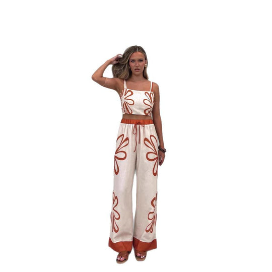Damen Freizeitoberteil und weit geschnittene Hose mit floralem Muster R&B