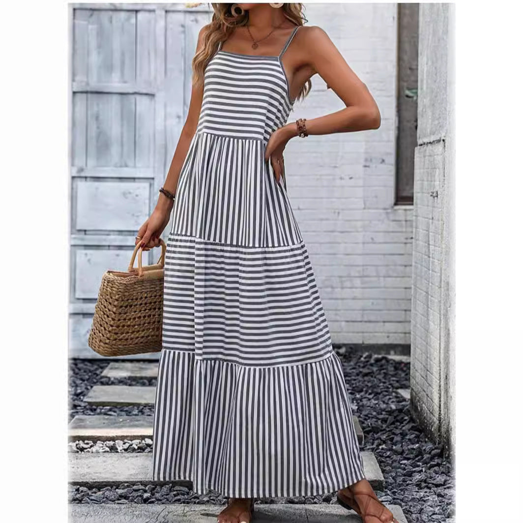 Damen Maxikleid mit schmalen Trägern und gestreiftem Design R&B