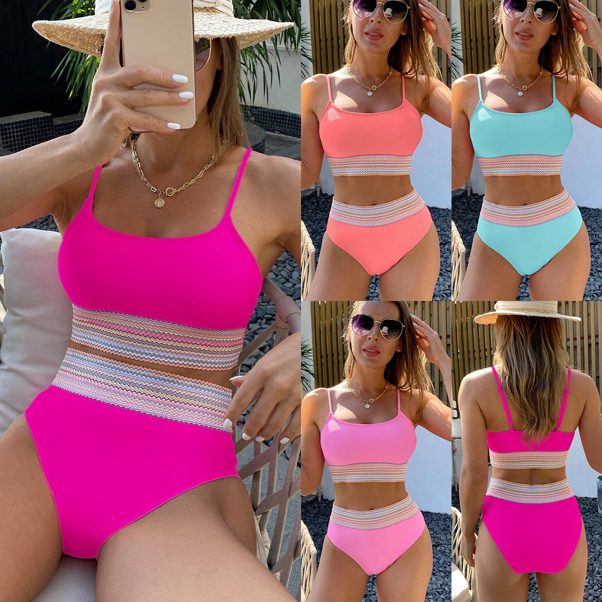 Damen Sportliches Bikini-Set mit hohem Bund und dekorativer Akzentborte R&B