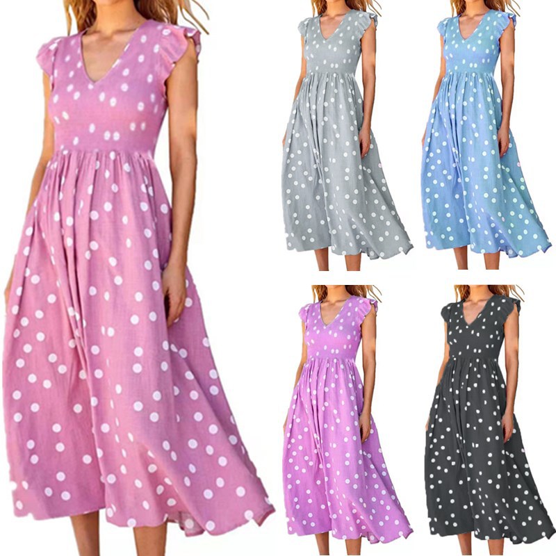 Damen Maxikleid mit einem verspielten Punktmuster und V-Ausschnitt R&B