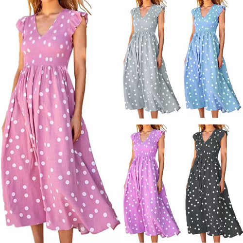 Damen Maxikleid mit einem verspielten Punktmuster und V-Ausschnitt R&B