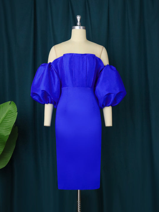 Damen figurbetontes Kleid mit schulterfreiem Design und voluminösen Puffärmeln R&B