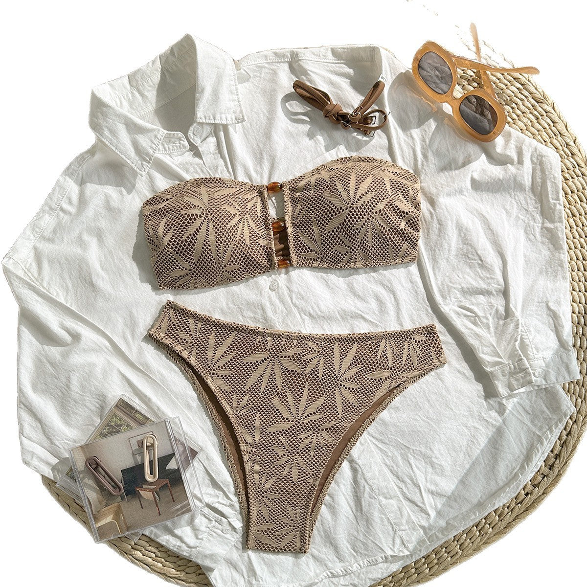 Damen Bandeau-Bikini mit floralem Häkelmuster R&B