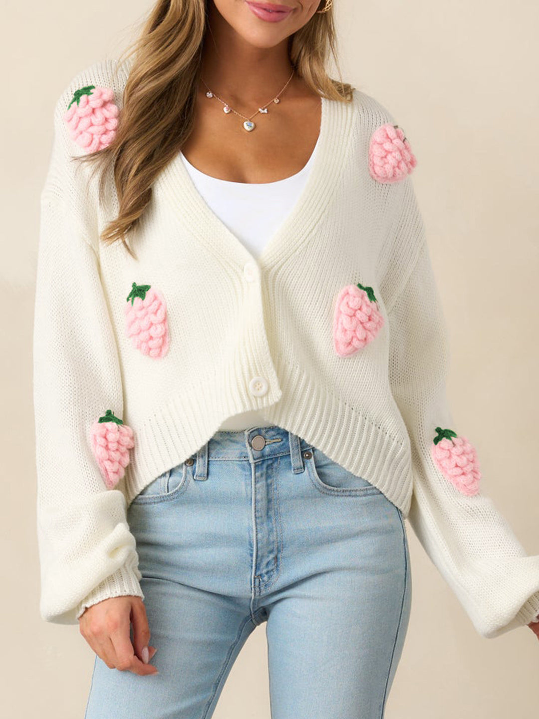 Damen lässige Strickjacke mit fruchtigen Applikationen und offenen Ärmeln R&B