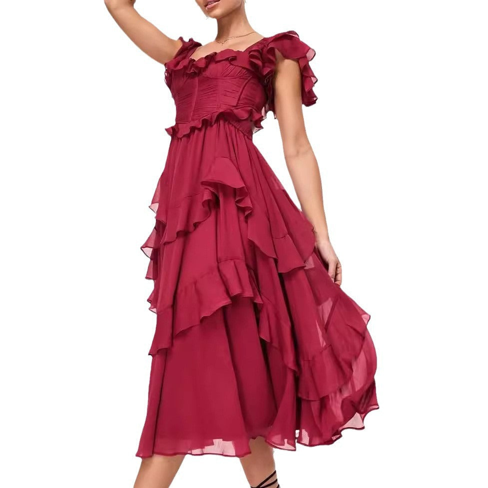 Damen Rüschen Maxikleid mit fließendem Schnitt und romantischem Design R&B