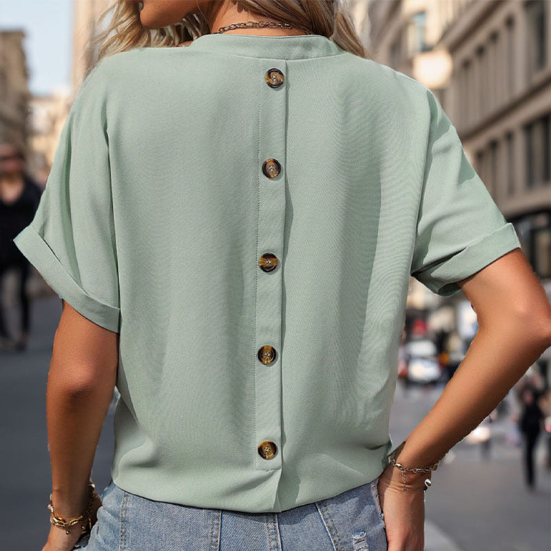 Damen Lässiges V-Ausschnitt Blusenshirt mit Brusttasche und umgeschlagenen Ärmeln R&B