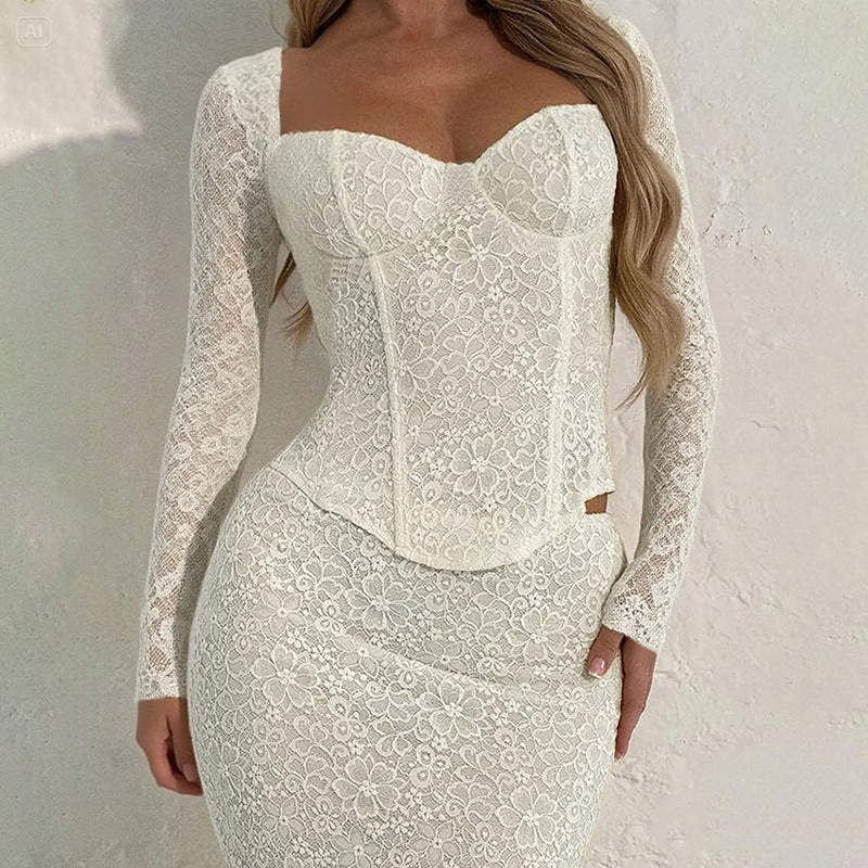 Damen elegante Spitzenbluse mit langem Arm und tailliertem Schnitt R&B