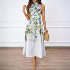 Damen Midi-Kleid mit floralem Muster und elegantem Halterneck R&B