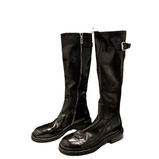Damen Überknie-Stiefel aus hochwertigem Leder mit robustem Reißverschluss und modischen Schnallen R&B