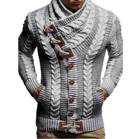 Herren Grobstrickjacke mit kreativem Schalkragen und Knopfdetails R&B