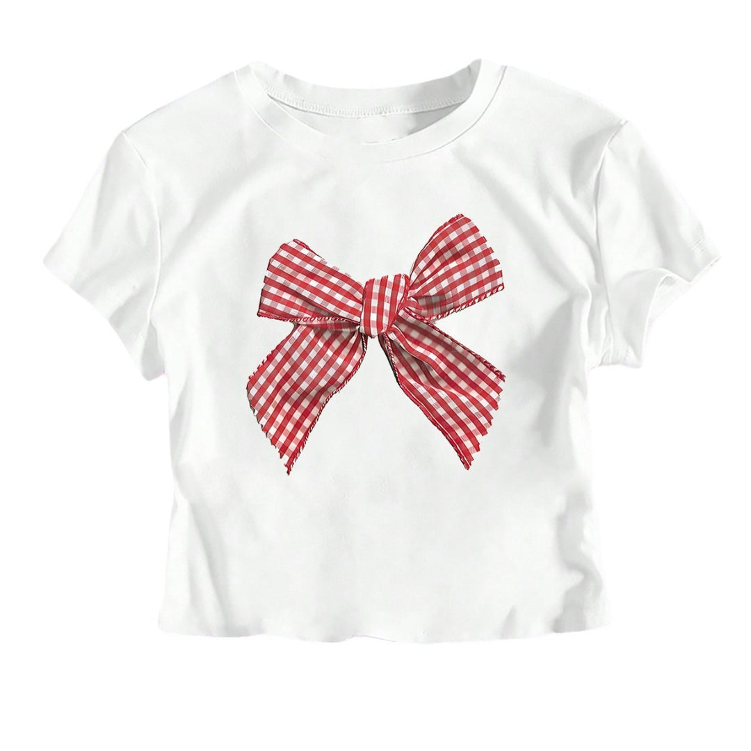 Damen Crop-T-Shirt mit verspieltem Karoband-Motiv und lässigem Schnitt R&B