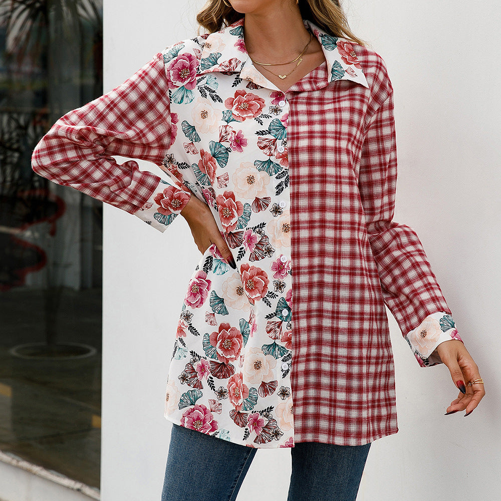 Damen Trendige Karobluse mit floralem Patchwork-Design R&B
