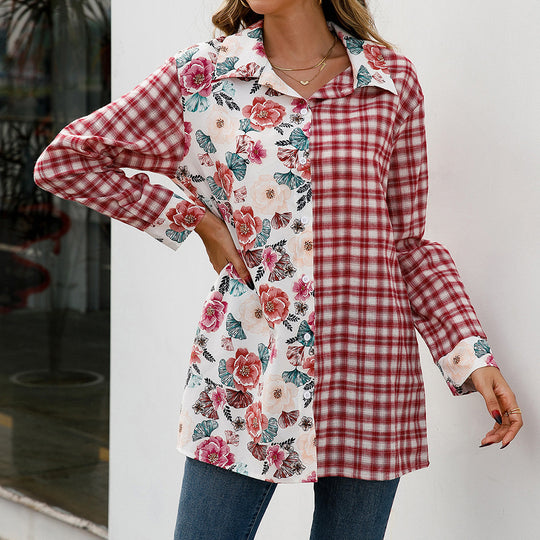 Damen Trendige Karobluse mit floralem Patchwork-Design R&B