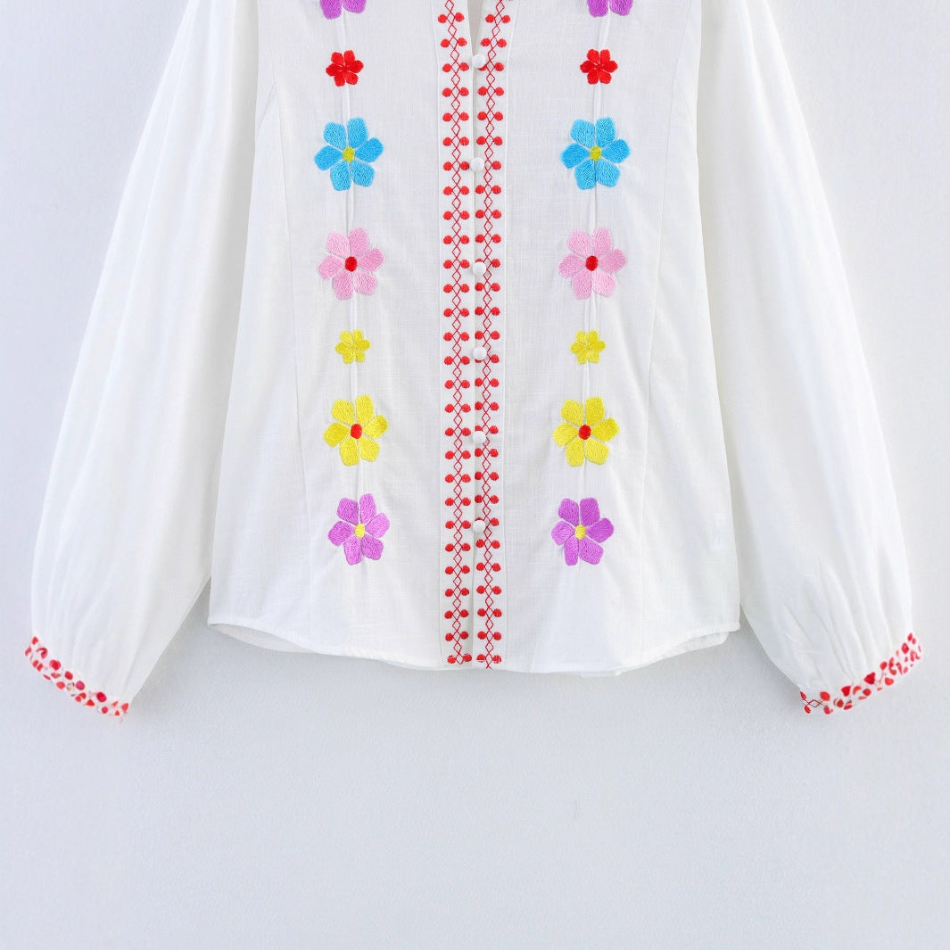 Damen Bluse mit bunten Stickereien und romantischem Rüschendesign R&B