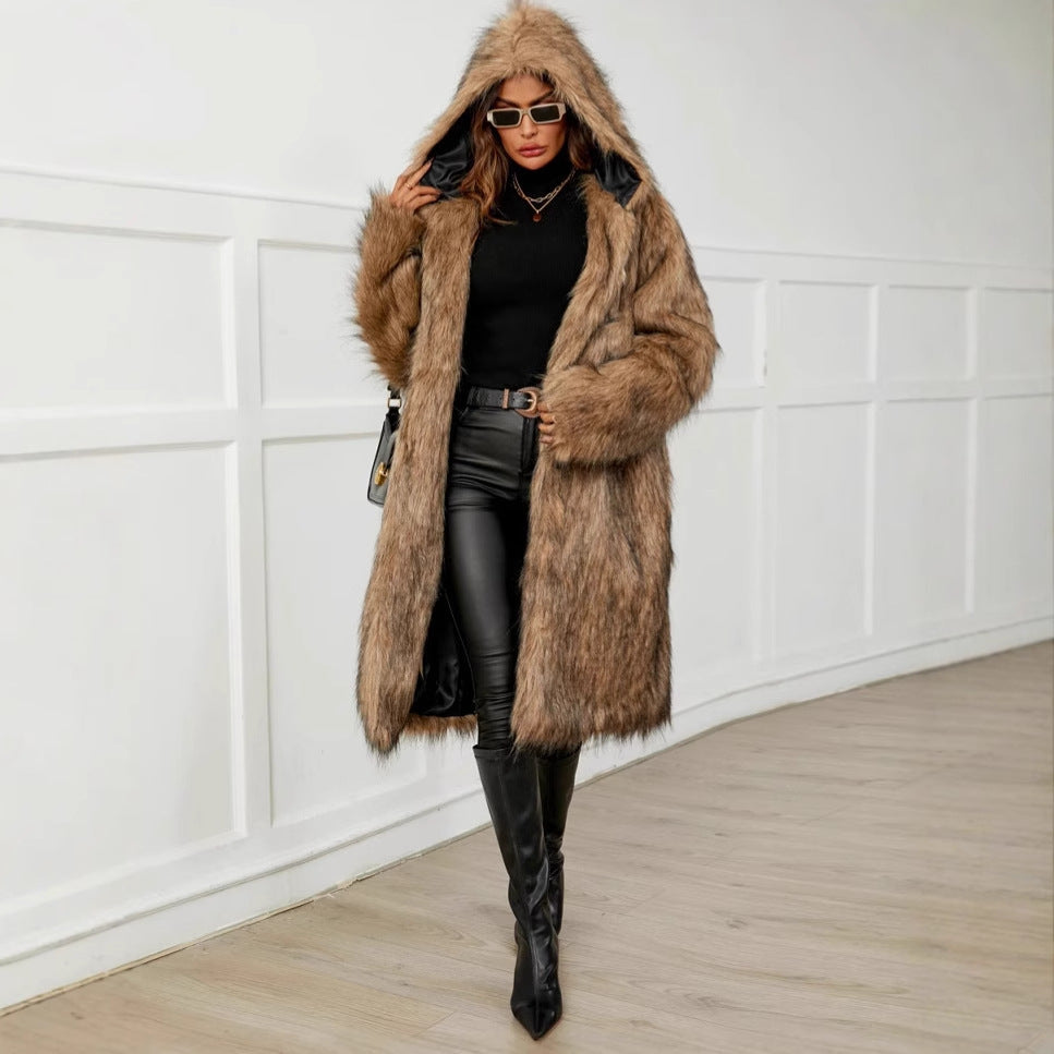 Damen Kunstfell Mantel mit Kapuze und weichem Innenfutter R&B