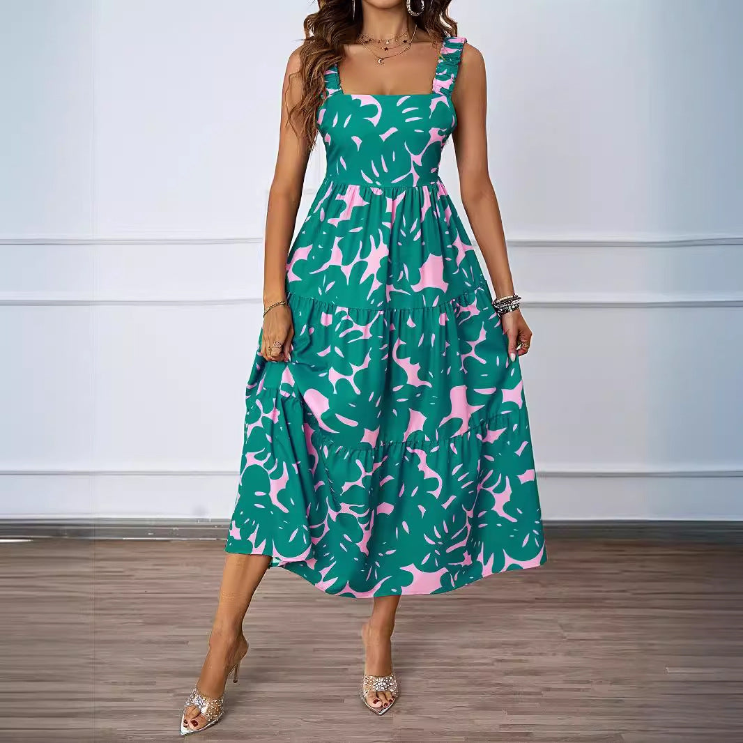 Damen Maxikleid mit verspieltem Rüschendesign und gemustertem Oberteil R&B