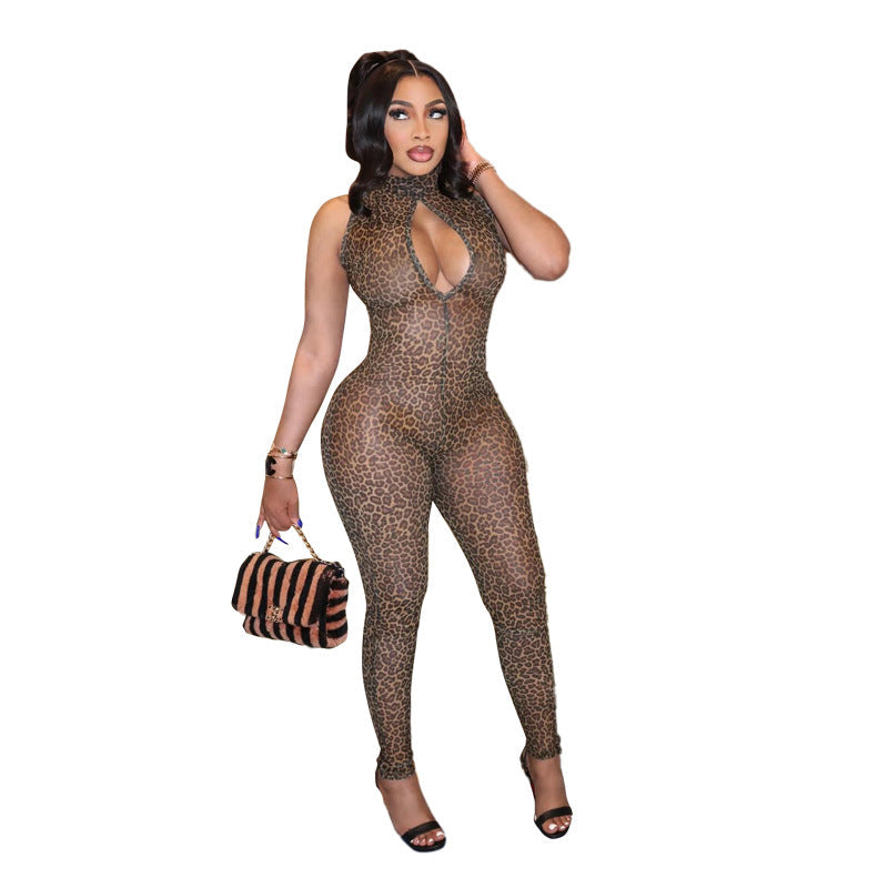 Damen Figurbetonter Jumpsuit mit tiefem Ausschnitt und Leopardenmuster R&B