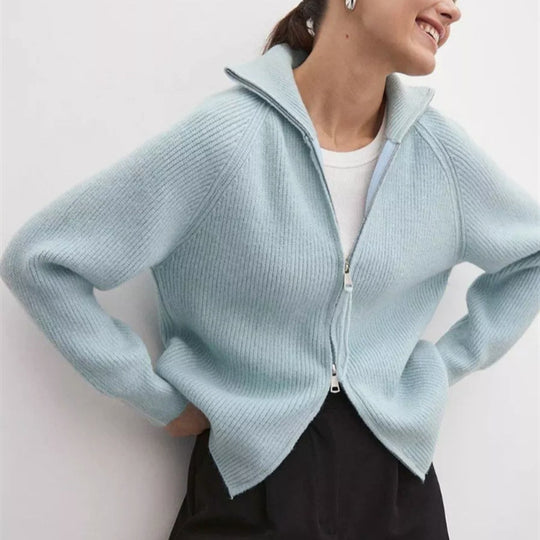 Damen Strickjacke mit hohem Kragen und Reißverschluss R&B