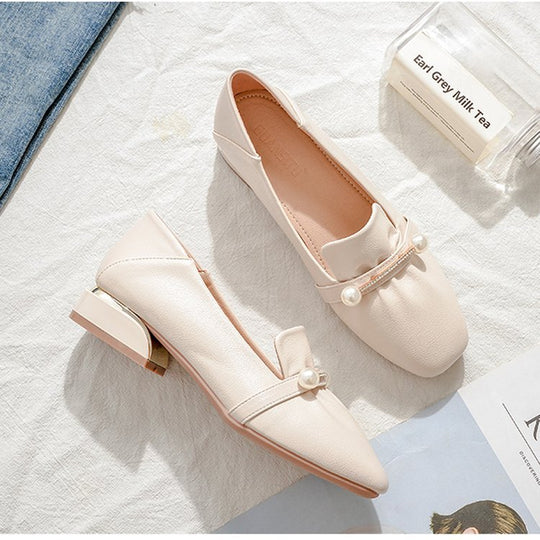 Damen Elegante Ballerinas mit modischem Perlenschmuck und komfortablem Blockabsatz R&B