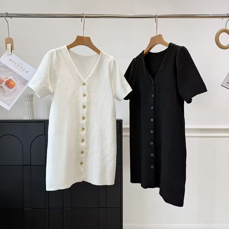 Damen Knopf-Down Kleid mit V-Ausschnitt und kurzen Ärmeln R&B