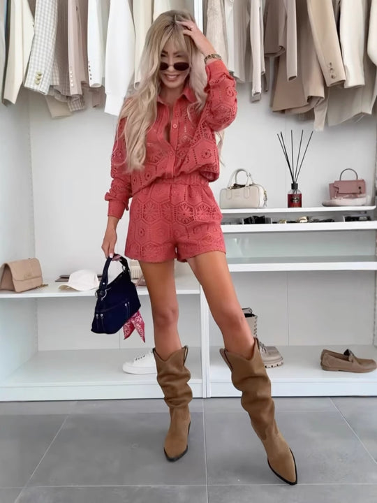 Damen Spitzenstoff Kurzoverall mit elegantem Kragen und Ärmeln Heidi-Mode