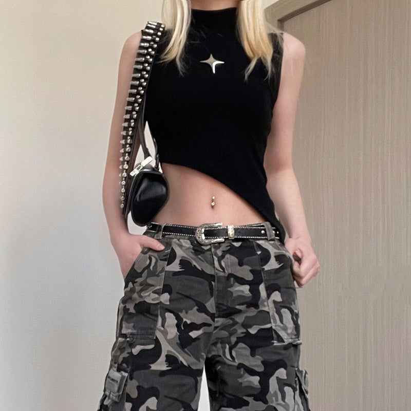 Damen asymmetrisches Crop-Top mit R&Brnem Design und dekorativen Details R&B