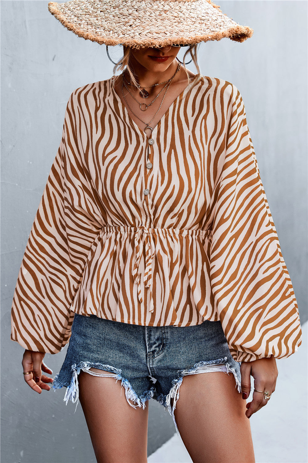 Damen Oversize Bluse mit ZR&Bra-Print und taillierter Raffung R&B