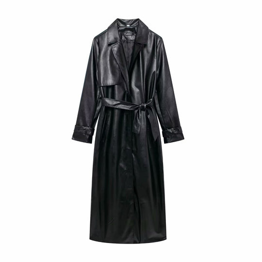 Damen Kunstleder-Trenchcoat mit elegantem Schnitt und taillierbarem Gürtel R&B