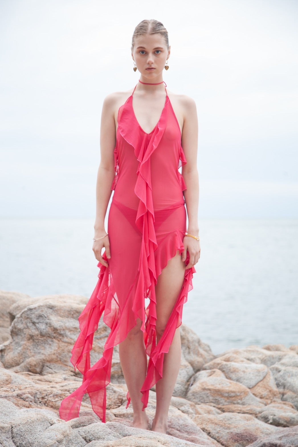 Damen luftiges Strandkleid mit Rüschendetails und spannender Transparenz R&B