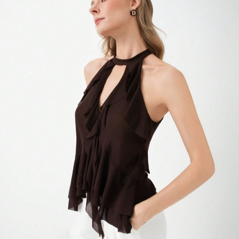 Damen elegantes Rüschenoberteil mit hochgeschlossenem Design R&B
