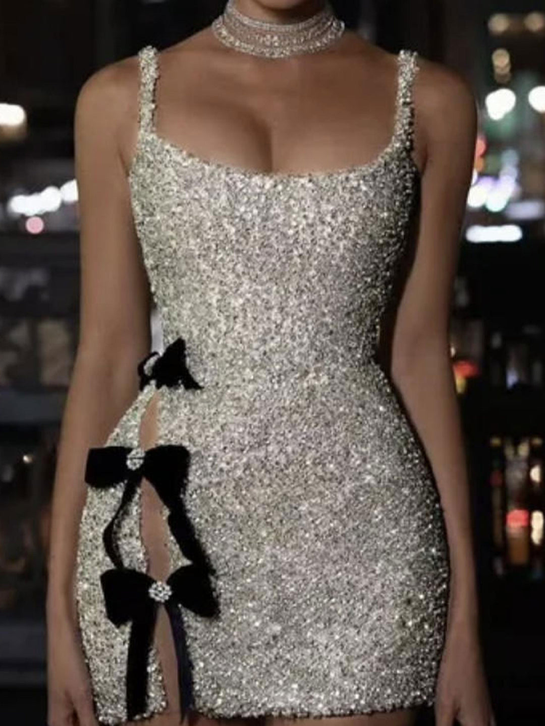 Damen Glamouröses Pailletten-Minikleid mit süßen Schleifen und figurbetontem Design R&B