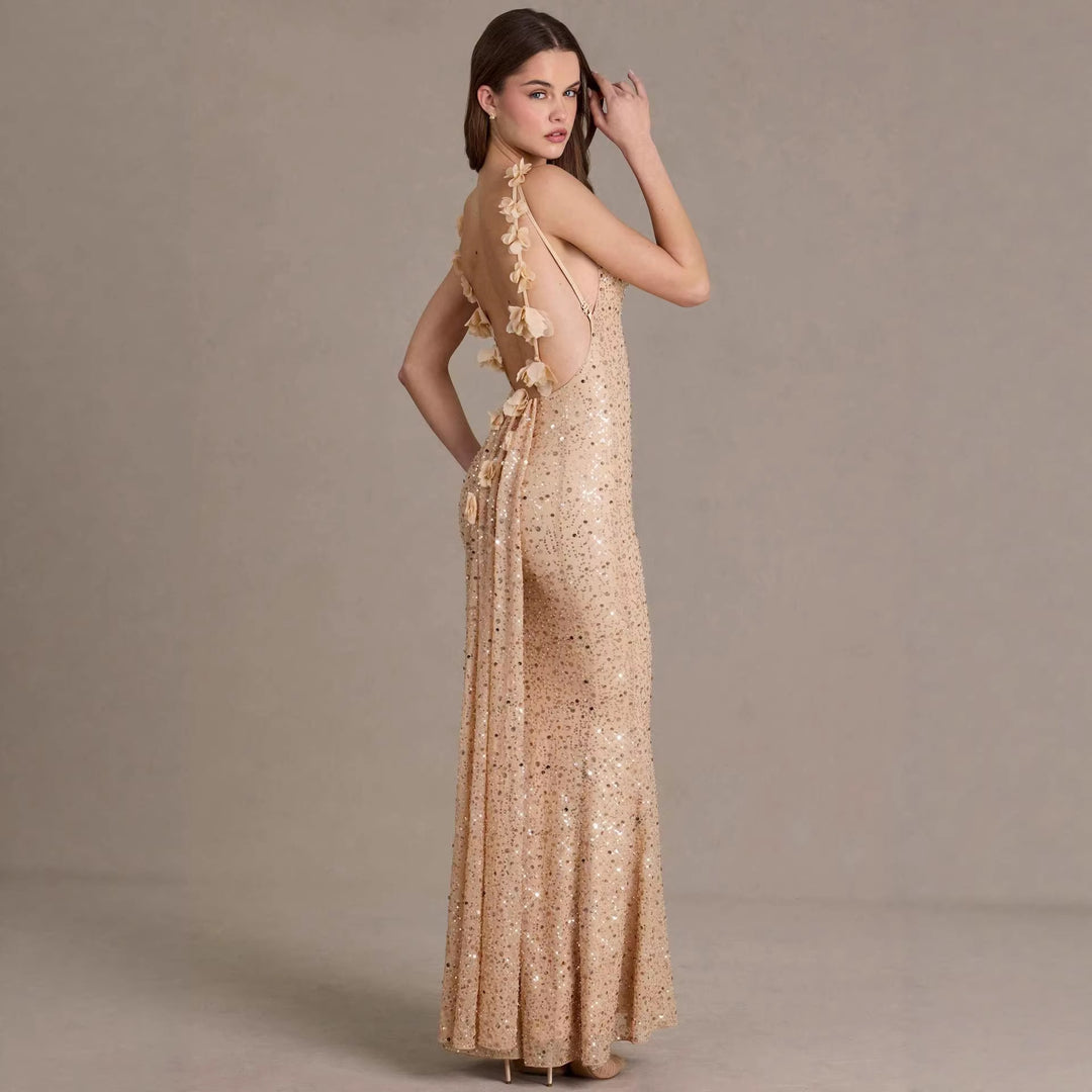 Damen elegantes Pailletten-Maxi-Kleid mit schickem Wasserfallausschnitt und figurbetonter Silhouette R&B