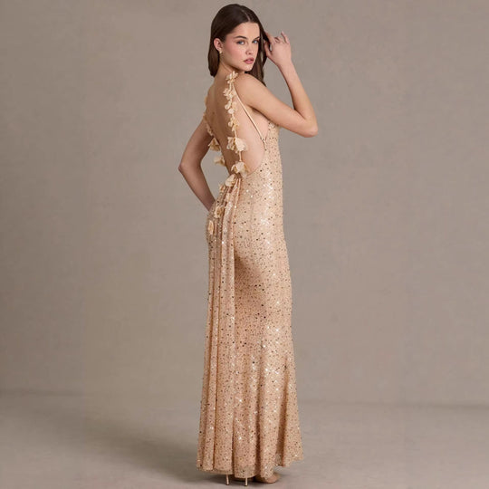 Damen elegantes Pailletten-Maxi-Kleid mit schickem Wasserfallausschnitt und figurbetonter Silhouette R&B