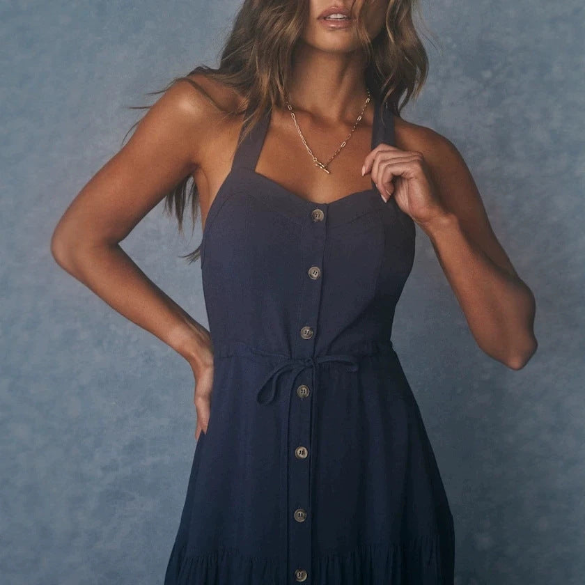 Damen Maxikleid mit nostalgischem Knopfverschluss und verstellbaren Trägern R&B