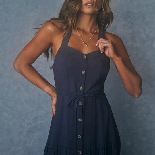 Damen Maxikleid mit nostalgischem Knopfverschluss und verstellbaren Trägern R&B