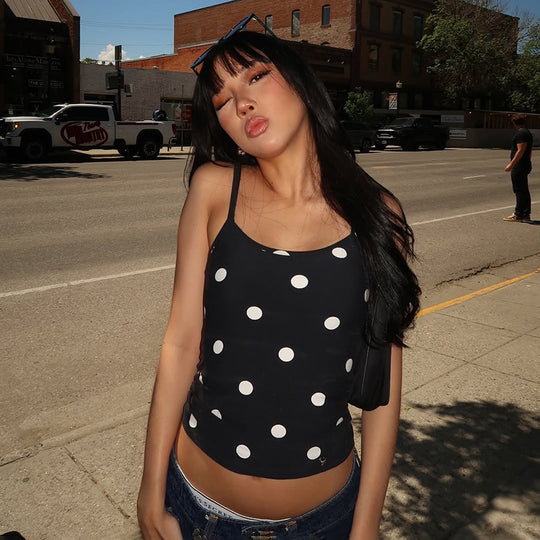 Damen ärmelloses Top mit verspieltem Polka-Dots Muster und figurbetontem Schnitt R&B