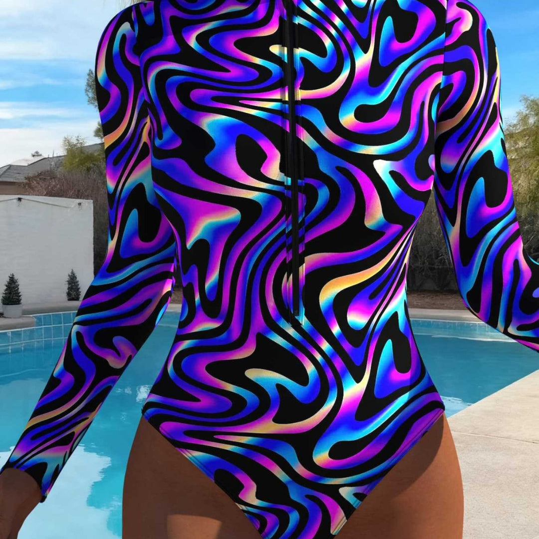 Damen eleganter Langarm-Schwimmanzug mit aufregendem Wellenmuster und hohem Kragen R&B